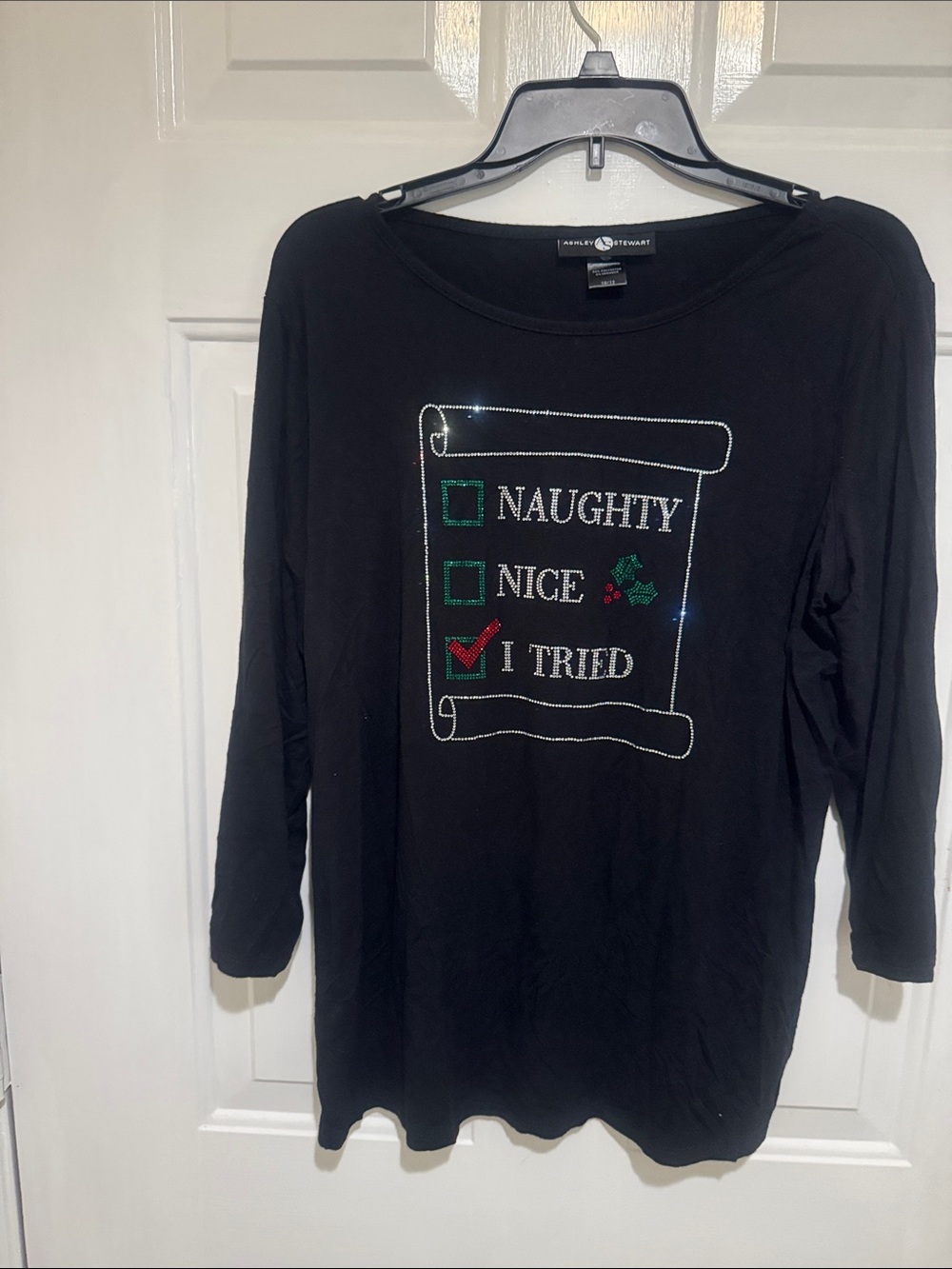 Ashley Stewart Black Long Sleeve Holiday Rhinestone 'I Tried' Checklist Tee